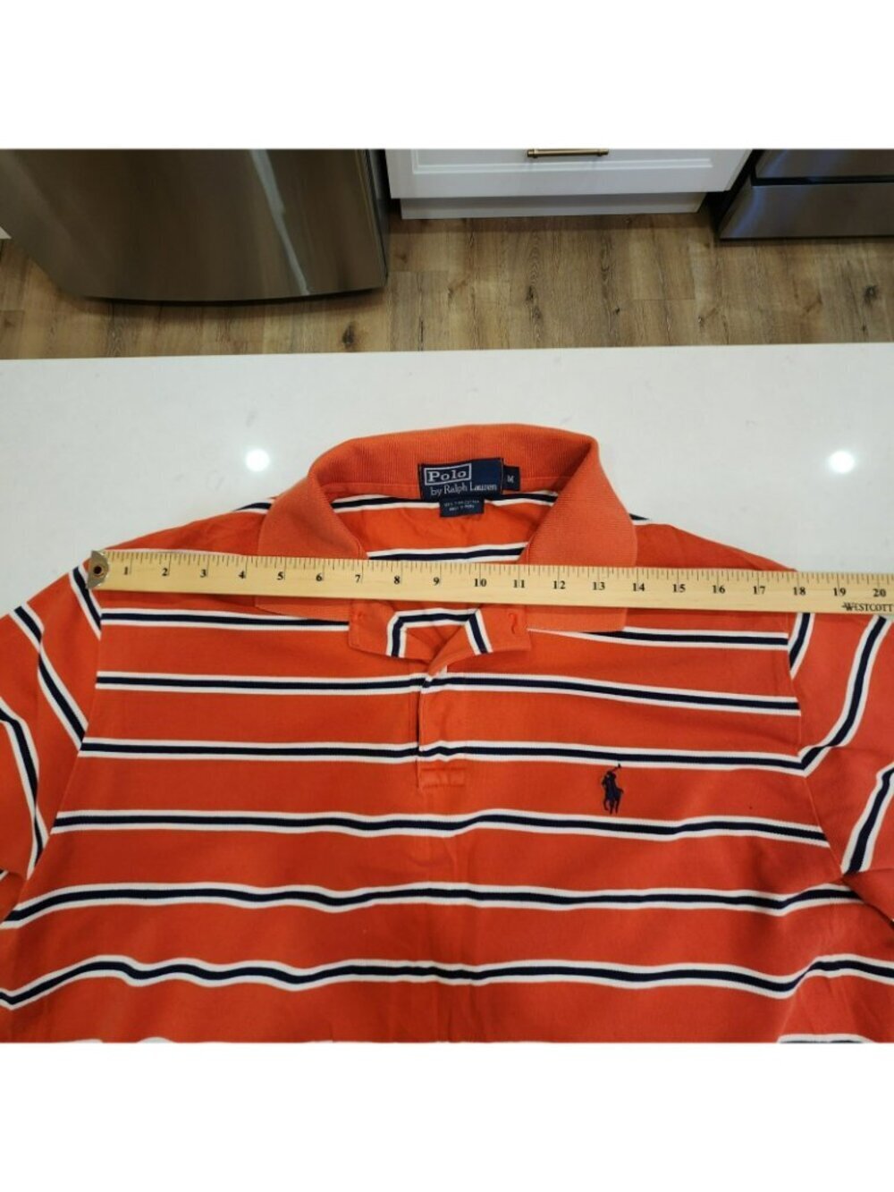 Vintage Polo Ralph Lauren Polo Shirt Pima Cotton Mesh Orange Stripes Mens Medium - Picture 5 of 8